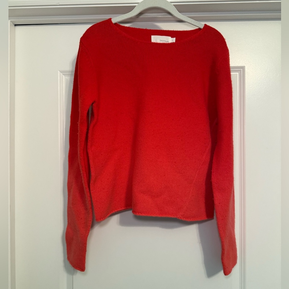 DKNY Sz L Red/Pink Hombre Cowl Neck Hi Lo Lambs Wool Spandex Sweater